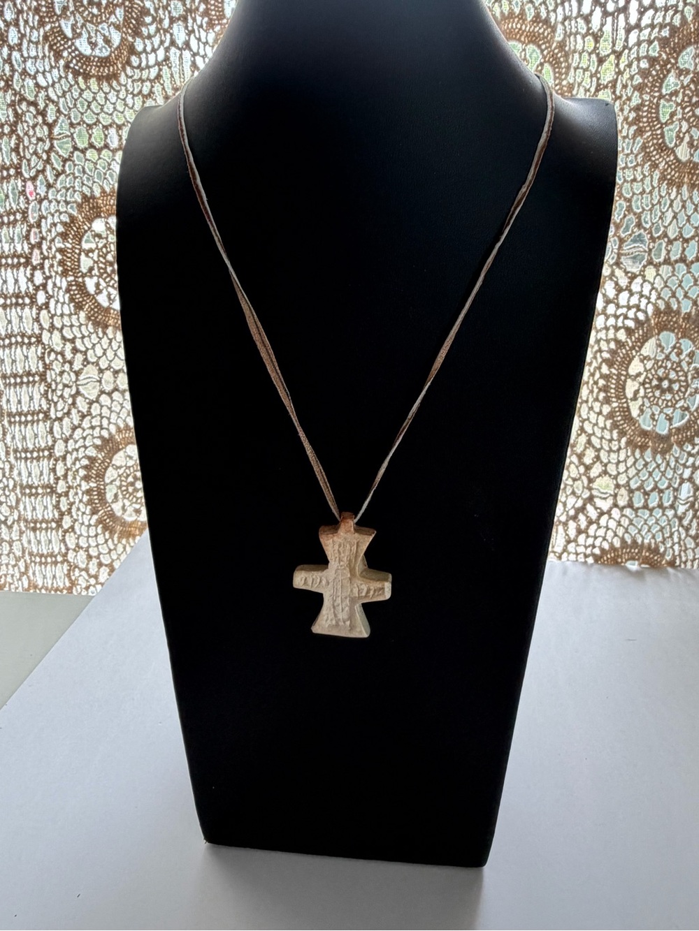 Handcrafted Kenya Kissi Stone Cross Pendant Necklace in Ivory-Cream Unisex